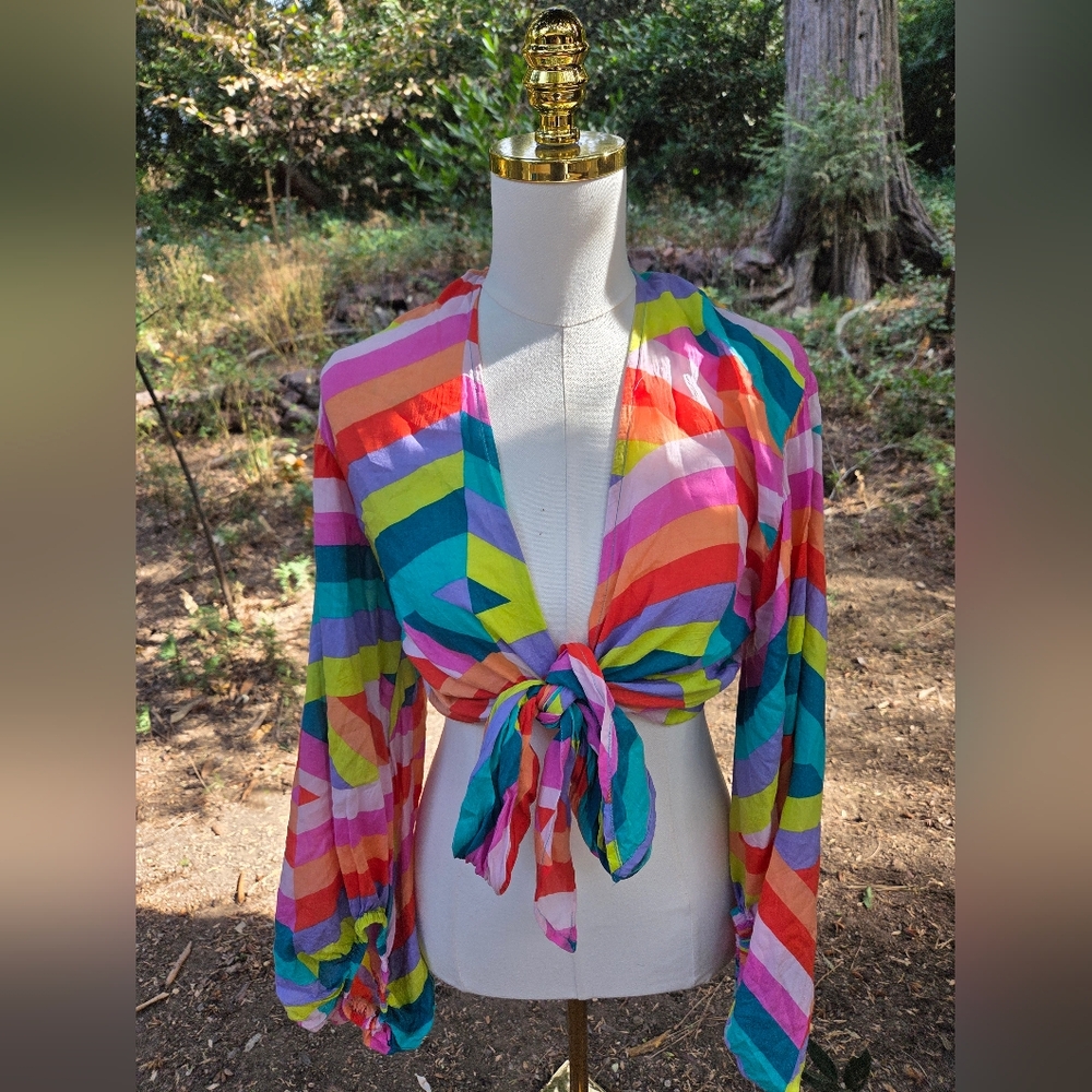 Elan‎ 70s Style Bell Sleeve Retro Colorful Striped Blouse